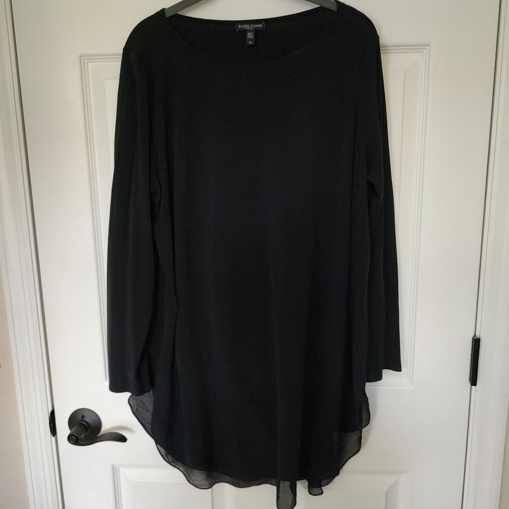 Eileen Fisher Woman 100% Silk Tunic Top Long Sleeve With Sheer Hem Black 2X - Picture 11 of 12